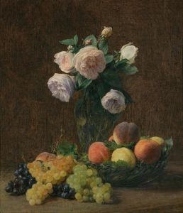 Nature Morte; Vase De Roses, Pêches Et Raisins
