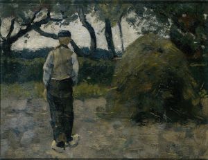 A Farmer standing near a Hay-Stack