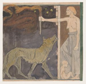 Vrouw met een fakkel, een kind en een wolf