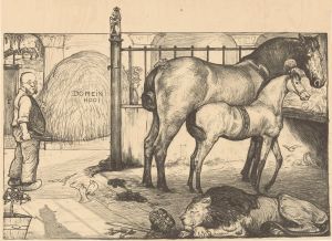 Twee paarden bij een hooiruif in een stal