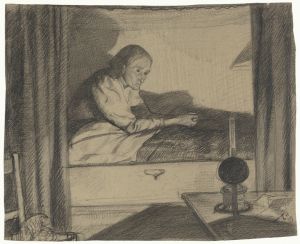 Vrouw Hogerhuis, zittend in bed