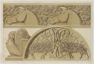 Chevaux, frise en pierre. Coq, amortissement. Boucs, tympan en pierre sculptée.
