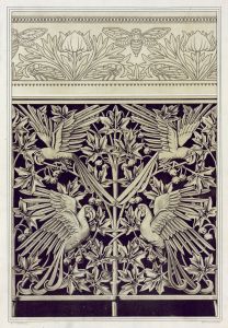 Cigales et anémones, bordure de napperon. Aras et platane, fonte.