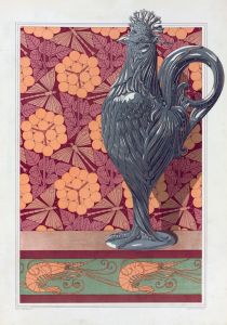 Coq, vase argent ciselé. Ombelles et libellules, jeu de fond. Crevettes, bordure.