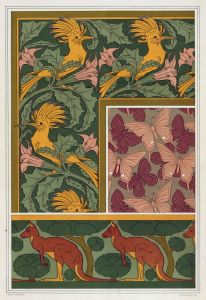 Huppes et stramoine, bordure. Papillons, étoffe de soie. Kangourou et arbres, bordure.