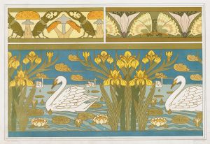 Lucanes et champignons, oxalides et papillons, bordure; cygnes, iris et nénuphars, émail cloisonné