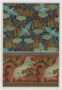 Martins-pêcheurs et butome en ombelle, papier peint. Chevaux et arbres, bordure.