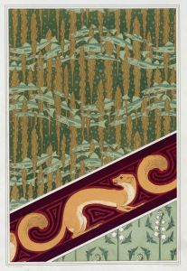 Merlans et algues, papier peint. Mouches et muguet, étoffe de soie. Hermine vulgaire, bordure.