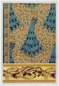 Paons dans les sorbiers, pochoir; poissons et algues, bordure