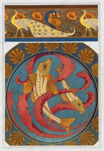 Paons et pavots, bordure. Grondins, algues et coquilles, plat en émail cloisonné.