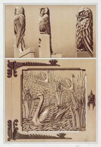 Perroquets, aigle, bois sculpté. Cygnes et iris, porte en bois sculpté.