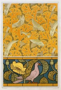 Poisson et algues, papier peint; pigeon et pavots, bordure de vitrail