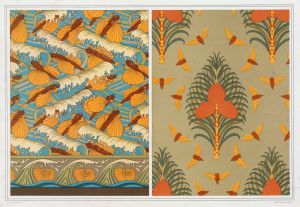 Poissons volants et vagues, papier peint. Cigales et pin, papier peint. Coquilles de nautiles, bordure.