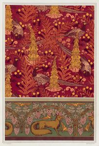 Faisans ordinaires, digitales, fougères et pissenlit, étoffe imprimée. Renard, oiseaux et vigne, bordure.