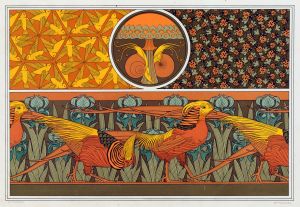 Oiseaux, jeu de fond. Escargots et champignon. Coccinelles et capillaires, étoffe. Faisan dorés et iris, bordure.