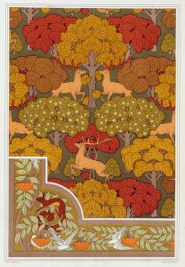 Cerfs et arbres, papier peint. Écureuil oiseaux et sorbier, bordure.