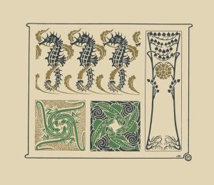 Abstract design based on seahorses, fish, lizards, tiny leaves.