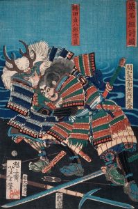Konda Teihachirō Tadakazu and Makara Jūrōzaemon Naozumi Grappling by the Water