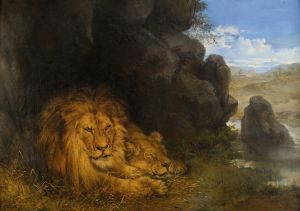 Two lions in a cave