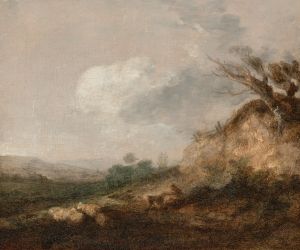 A shepherd and his dog in a landscape, his flock resting by a dune in the foreground