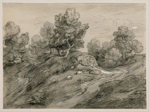Wooded upland landscape with shepherd and sheep and country track winding around a knoll