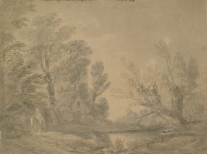 Woody landscape with horseman near a pond by a cottage