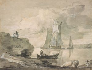 Coastal Scene with Shipping, Figures, and Cows