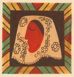 The head of a girl in a scarf