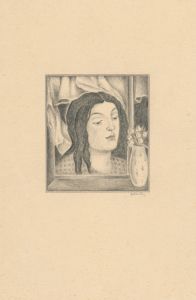 Painting of a Woman with Long Hair, Vase and Flowers
