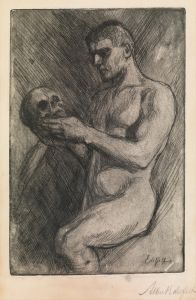 Naked man and skull