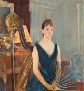 Harpiste assise à l’éventail