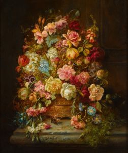 A still life with flowers in a jardiniere resting on a ledge