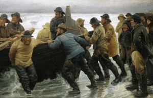 Fishermen launching a rowing boat