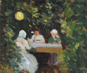 Komsammen i haven en sommeraften under lampen