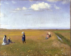 Children and young girls picking flowers in a field north of Skagen