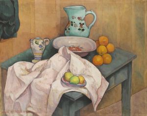 Nature morte au pichet et aux fruits sur une serviette deployée