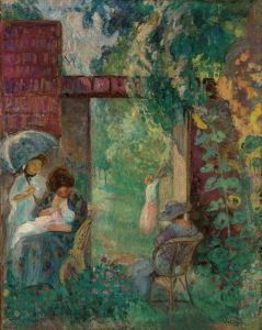 Femmes et enfants dans un jardin en été