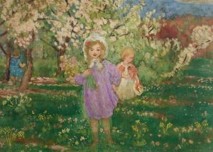 Enfants dans un verger fleuri