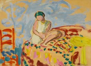 Jeune fille au turban vert assise sur un sofa