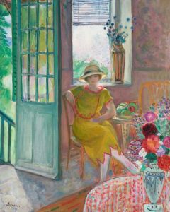 Young woman in a flowery interior