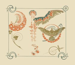 Abstract design based on flowers, angels, birds, beetles.