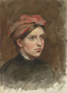 Portret van een jonge vrouw met een rode hoofddoek