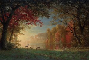 Indian Sunset, Deer by a Lake