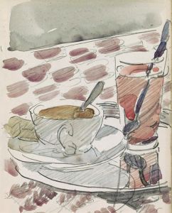 Tray with a cup, saucer and glass on a table