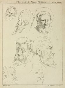 Seven male heads, all with beards, two wearing caps