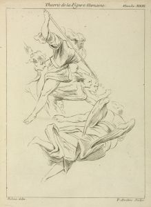 Several winged figures in flight, and a figure with a spear