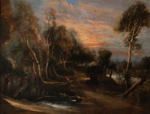 A wooded landscape at sunset