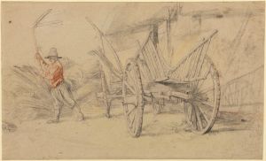 A Man Threshing Beside a Wagon, Farm Buildings Behind