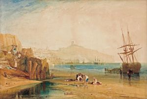 Scarborough town and castle; morning; boys catching crabs