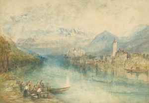 Looking towards Lake Thun, from opposite Scherzligen, with Schloss Schadau and the Niesen in the distance, Switzerland